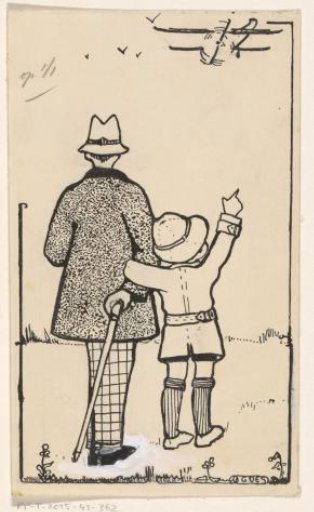 Man and boy looking at an airplane