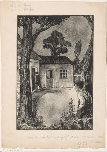 Boy spying on a man at a back door