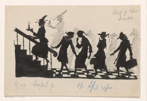 Four Girls Following a Woman Up a Staircase