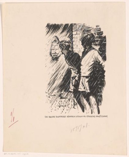 Two boys by a wall in the rain