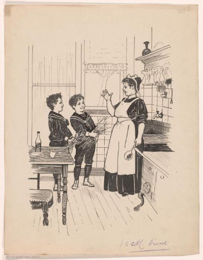 Boys with Bunches of Sticks in a Kitchen