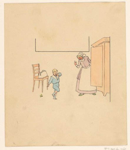 Woman and Crying Boy by a Cabinet