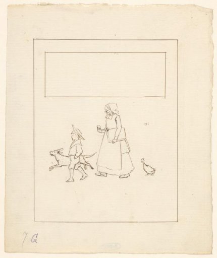 Walking Boy, Dog, Woman and Goose
