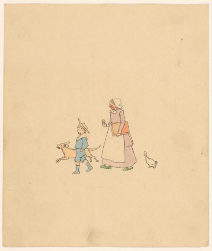 Walking Boy, Dog, Woman and Goose