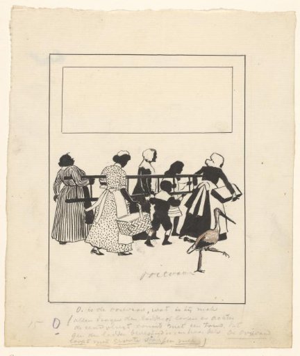 Stork next to women and children with a ladder