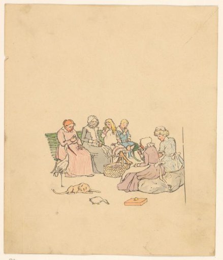 Women and children eating plums