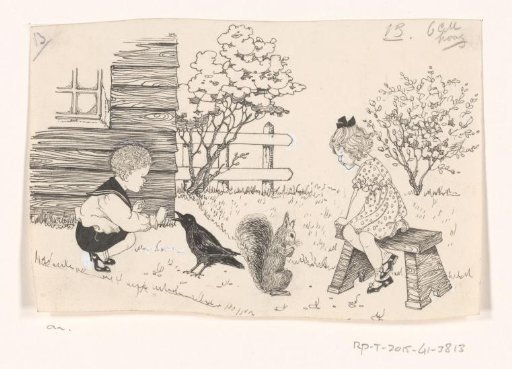 Boy leading a starling and girl with a squirrel