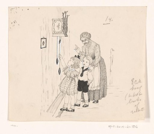 Old woman and two children by a clock
