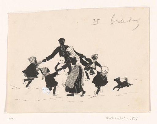 Man, Woman, and Children Dancing in a Circle Around a Snowman