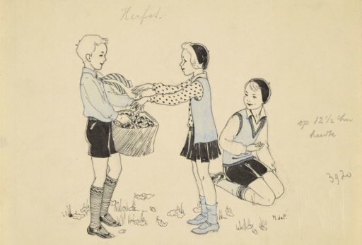 Three children gathering acorns