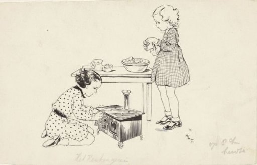 Two girls playing with a toy stove
