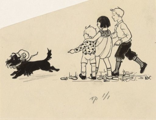 Three children watching a running dog