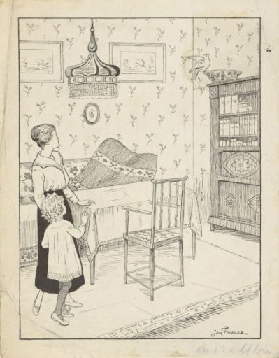 Woman and girl looking at a bird on a cabinet