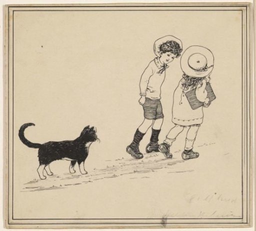 Boy and girl followed by a cat