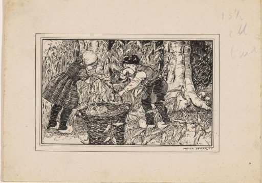 Boy and girl gathering twigs and leaves