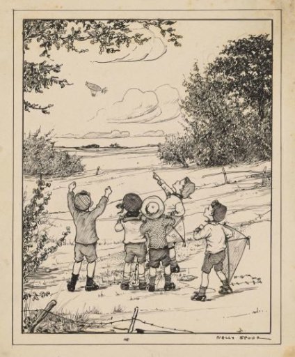 Five boys looking at a zeppelin