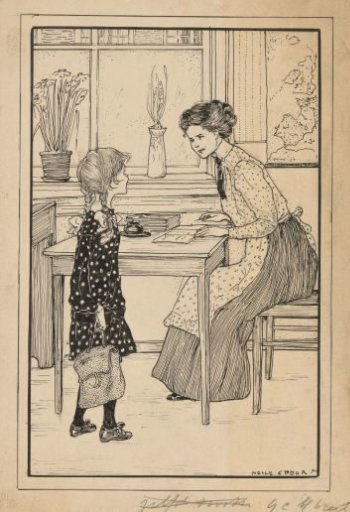 Girl at the desk of a schoolmistress