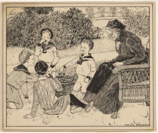 Four boys eating cherries in a field