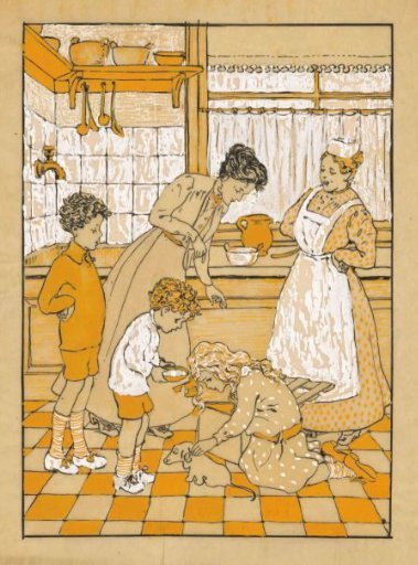 Women and children with a puppy in a kitchen