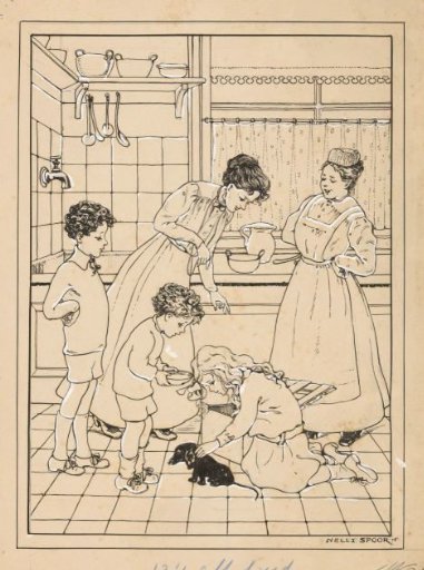 Women and children with a puppy in a kitchen