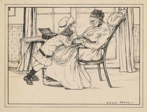 Girl Leaning Against an Old Woman in an Interior