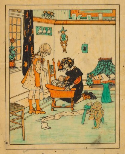Two girls bathing a doll