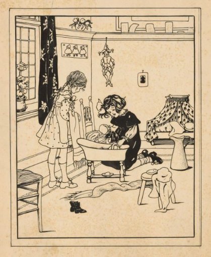Two girls bathing a doll