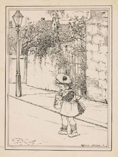 Toddler girl with a jug on a street