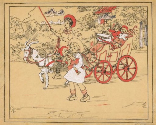 Boy driving a puppet carriage on a goat