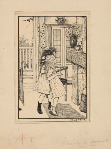 Two girls looking at a bird on a mantelpiece
