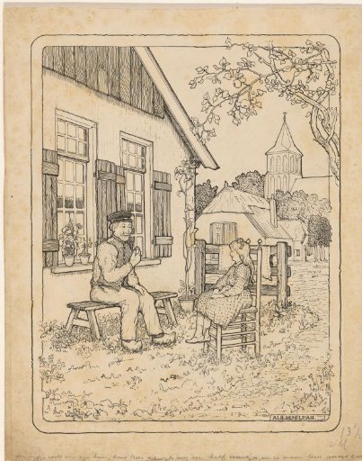 Pipe-smoking Dakhuis sitting in front of his house with Trees