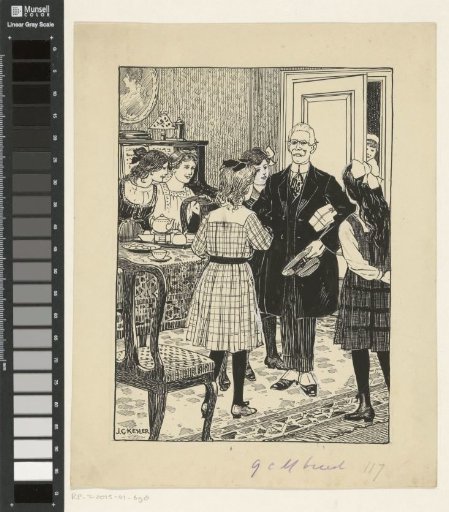 Interior with five girls and an older man