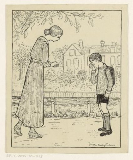 Woman bending over a crying boy