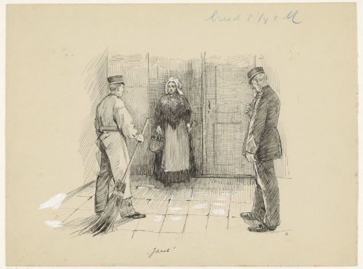 Woman looking at a military man and a man with a broom