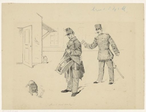 Military man with a drum looking at a dog