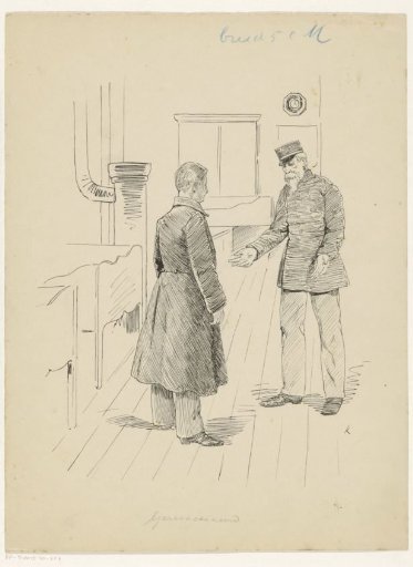Man in a greatcoat and a soldier in an interior