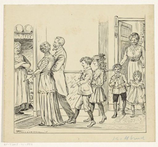 Man, woman and children walking through a corridor
