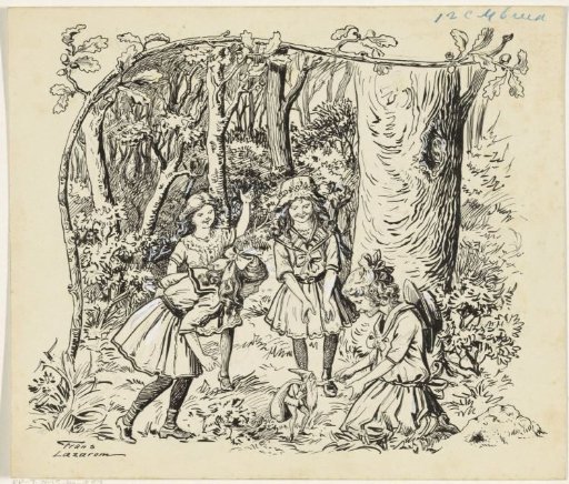Four girls and a gnome in a forest
