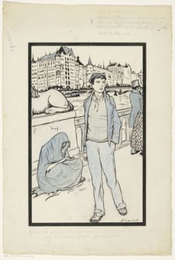 William walking over a bridge in a town
