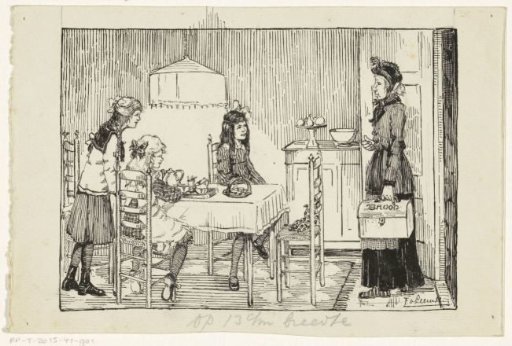 Woman with a bread box in a doorway