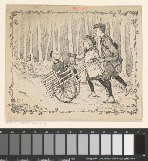 Three Children with a Cart on a Forest Path