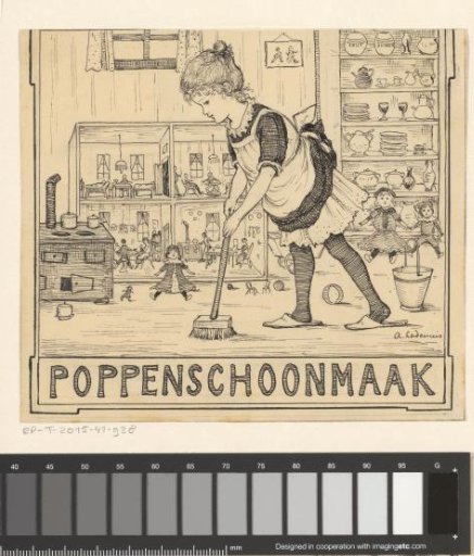 Girl with a broom by a doll's house