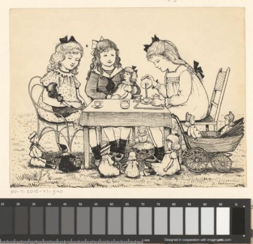 Girls and their dolls at a tea party