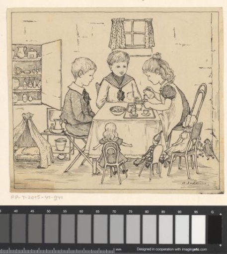 Two boys and dolls at a tea party