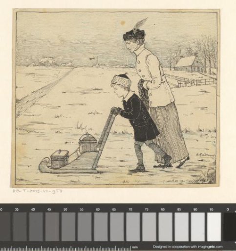 Boy and woman with sled on the ice