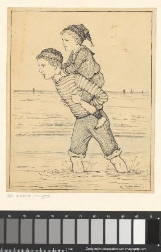 Boy carrying a child on his back walking through the sea
