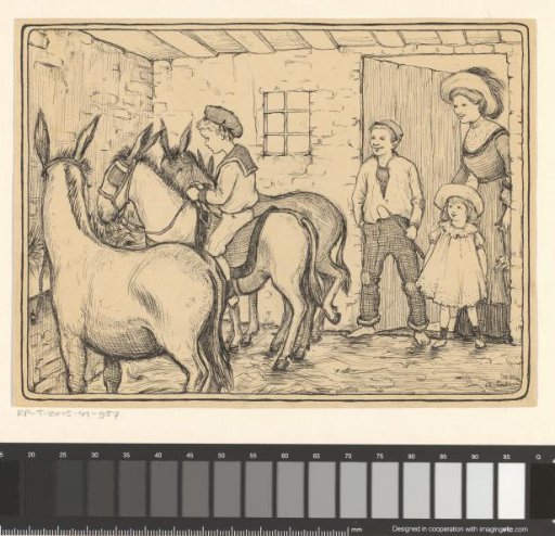 Boy sitting on a donkey in a stable