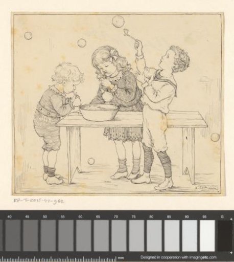 Three children blowing soap bubbles