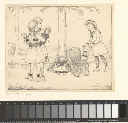 Three girls with dolls on a path