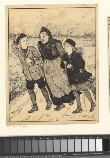 Two children walking with an old woman